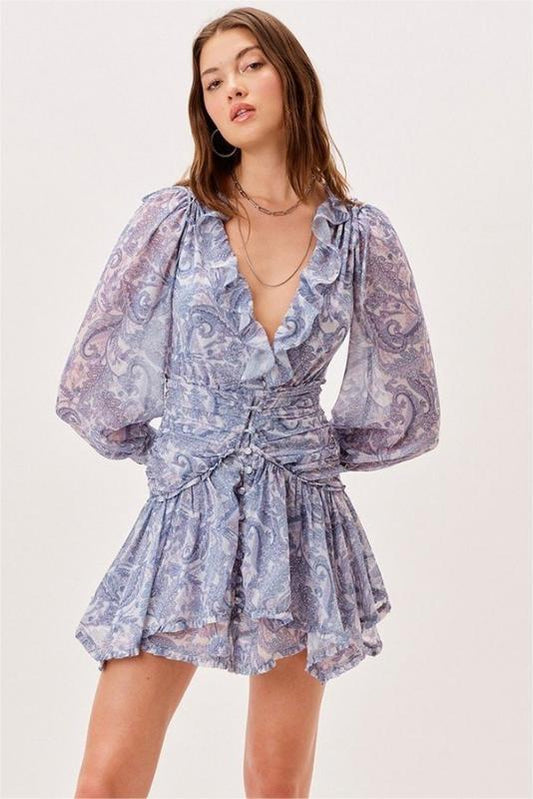 Minivestido floral de manga larga con escote en V 
