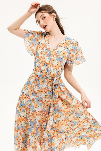 Vestido midi de manga corta con escote en V y estampado floral amarillo 
