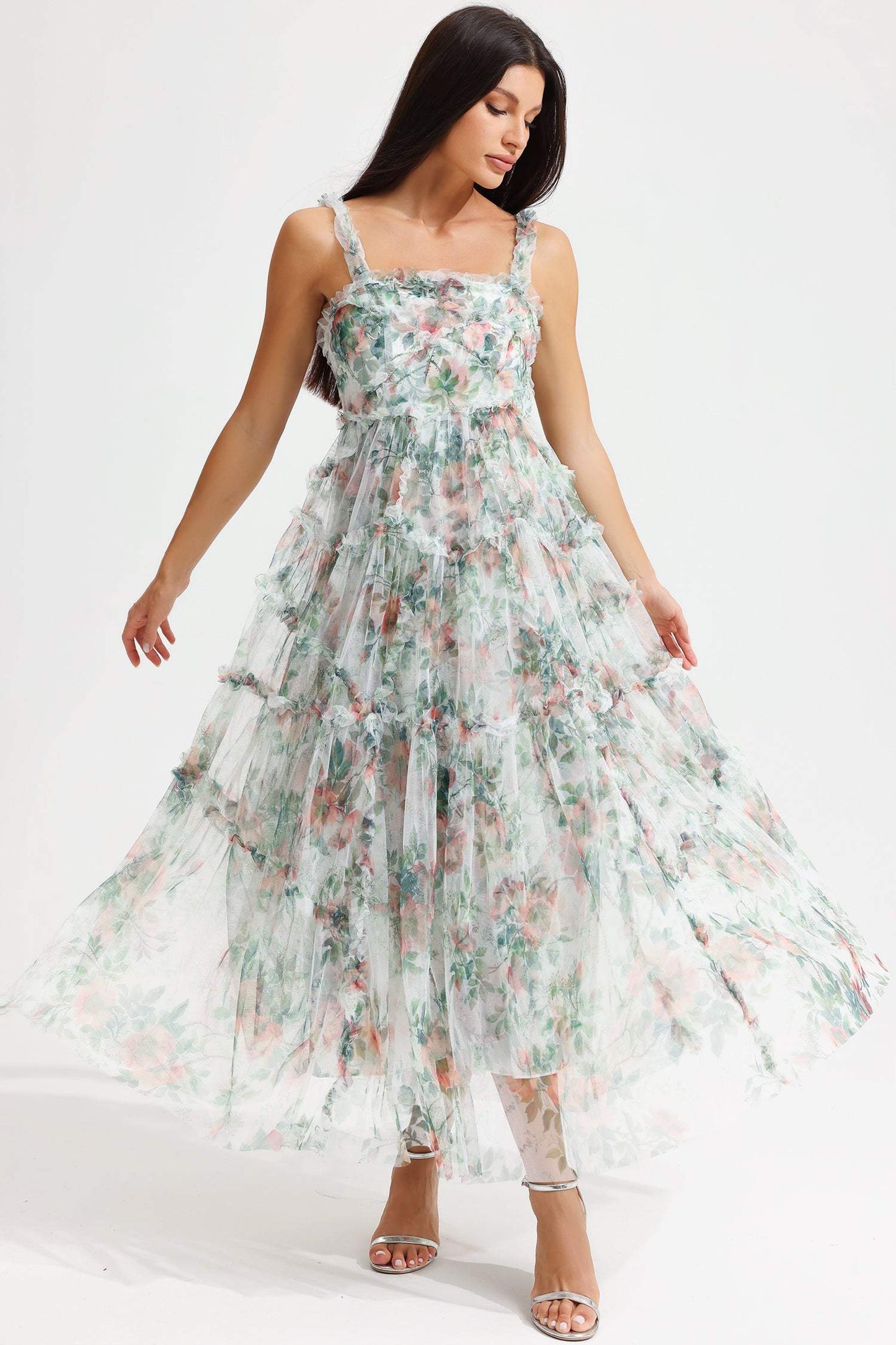 Vestido midi verde con volantes y cintura cónica con estampado floral 