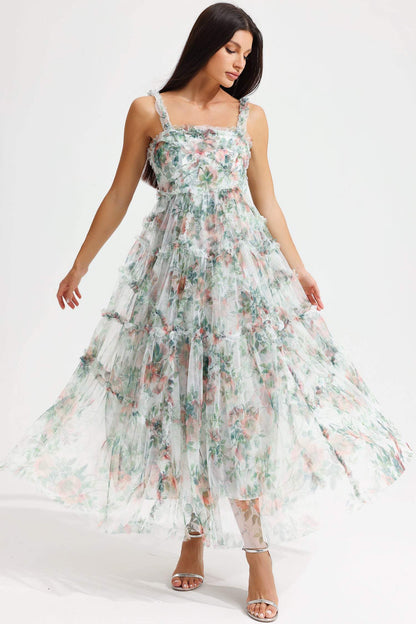 Vestido midi verde con volantes y cintura cónica con estampado floral 