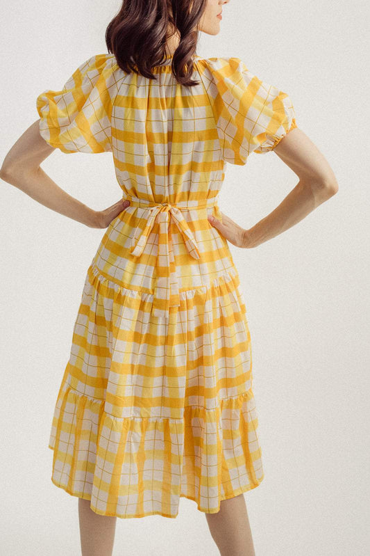 Vestido midi de celosía con escote en V y mangas farol 