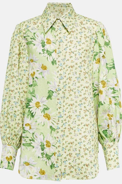Conjunto de top de manga larga con cuello camisero y pantalón de cintura alta con estampado floral 