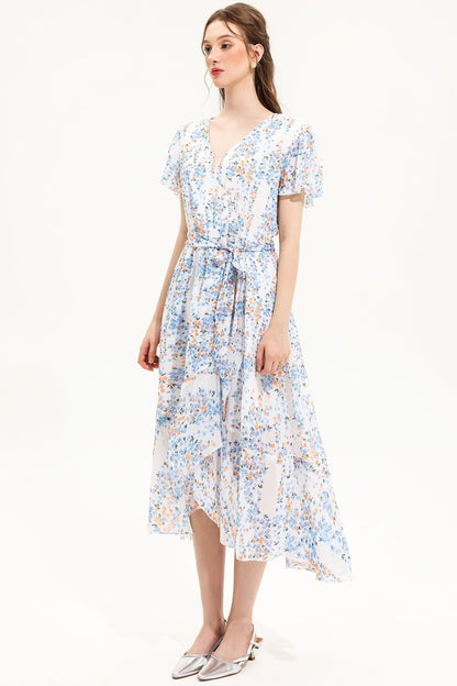 Vestido midi de manga corta con escote en V y estampado floral amarillo 