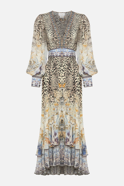 Vestido largo de gasa con estampado floral de leopardo y cuello en V 