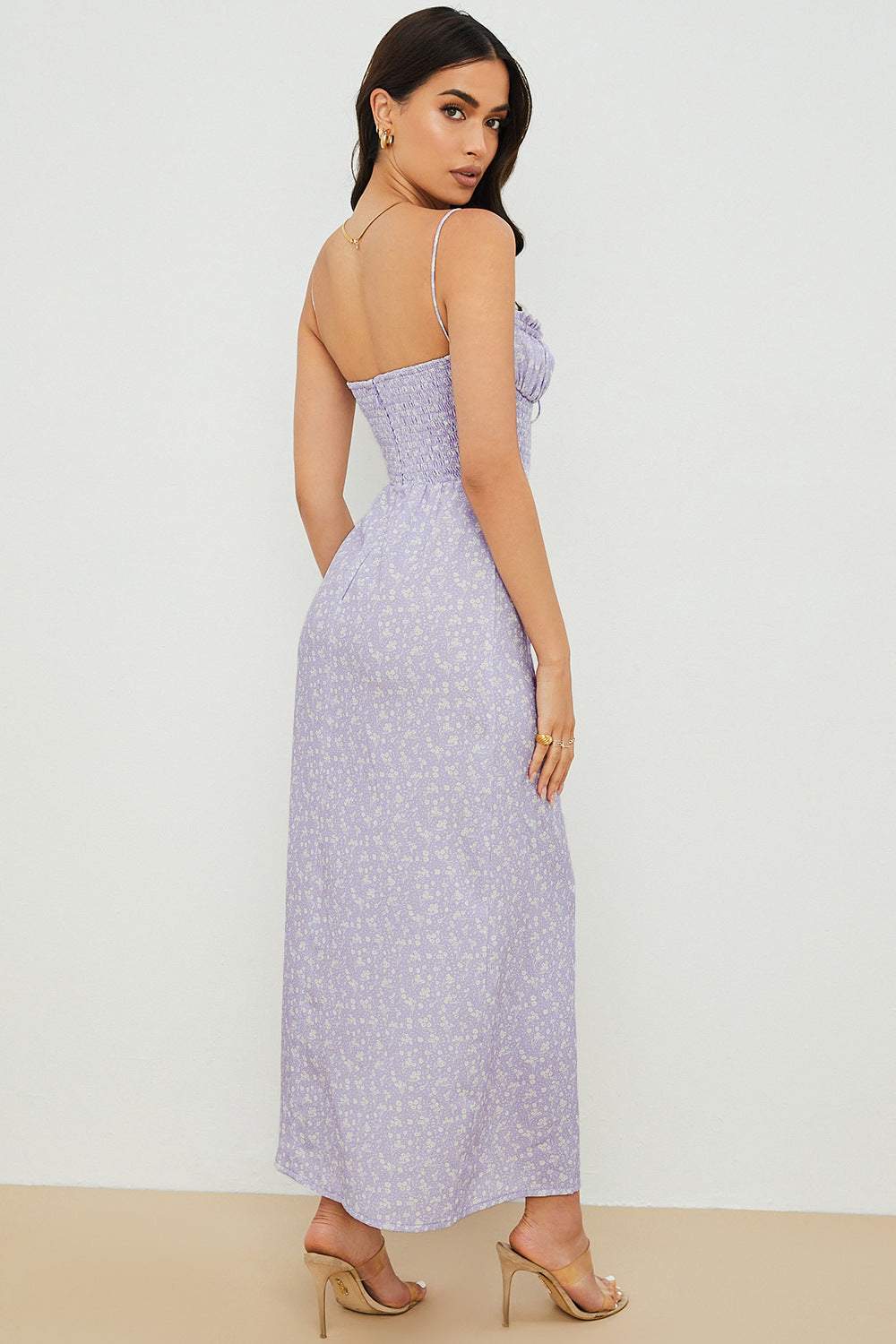 Vestido camisola elástico fruncido con estampado floral 