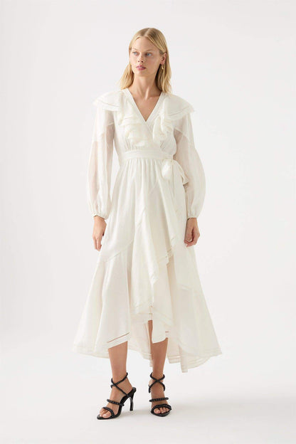 Long Sleeve V-Neck Asymmetric Ruffle Hem Midi Dress