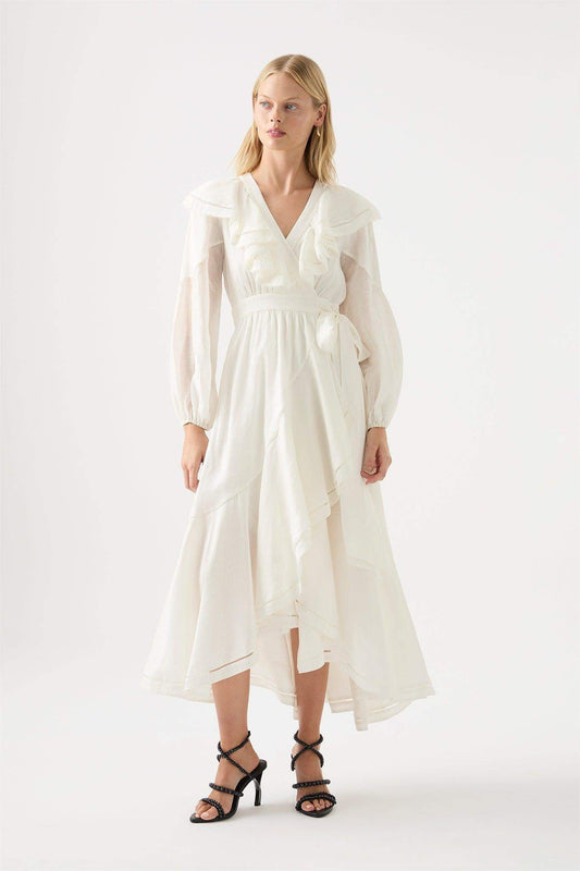 Long Sleeve V-Neck Asymmetric Ruffle Hem Midi Dress