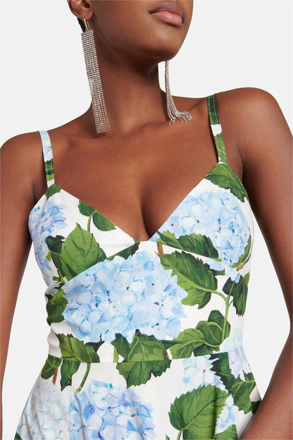 Vestido largo de popelina con hortensias y cuello en V 