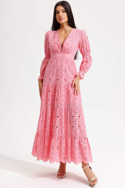 Vestido midi rosa con escote en V, mangas farol y cintura cónica 