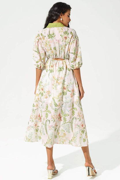 Vestido midi con solapa, encaje y manga corta con estampado floral 