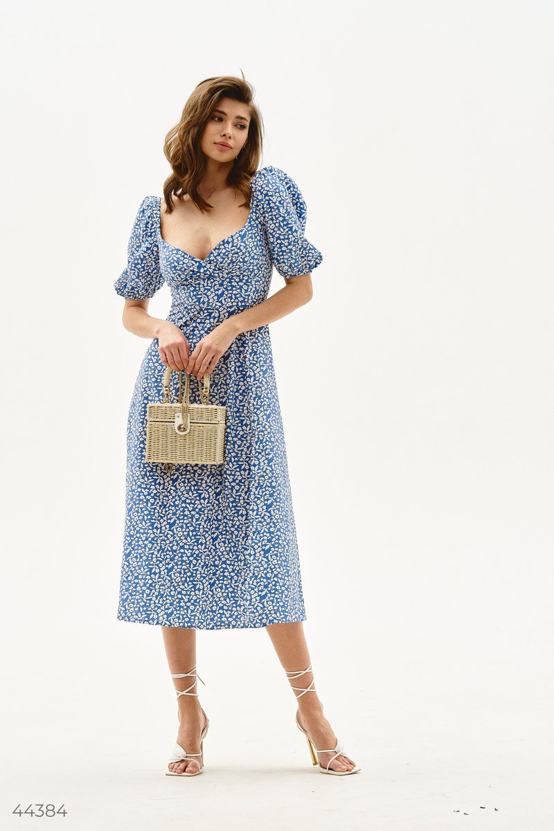 Vestido midi con abertura y mangas abullonadas con estampado floral 