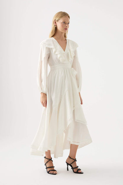 Long Sleeve V-Neck Asymmetric Ruffle Hem Midi Dress