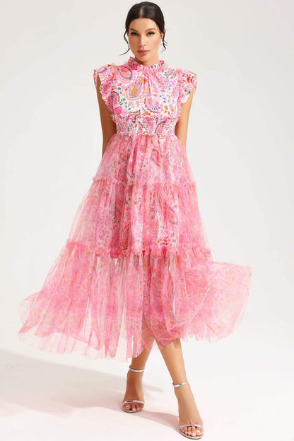 Floral Flatter Sleeve Crew Collar Midi Dress Pink