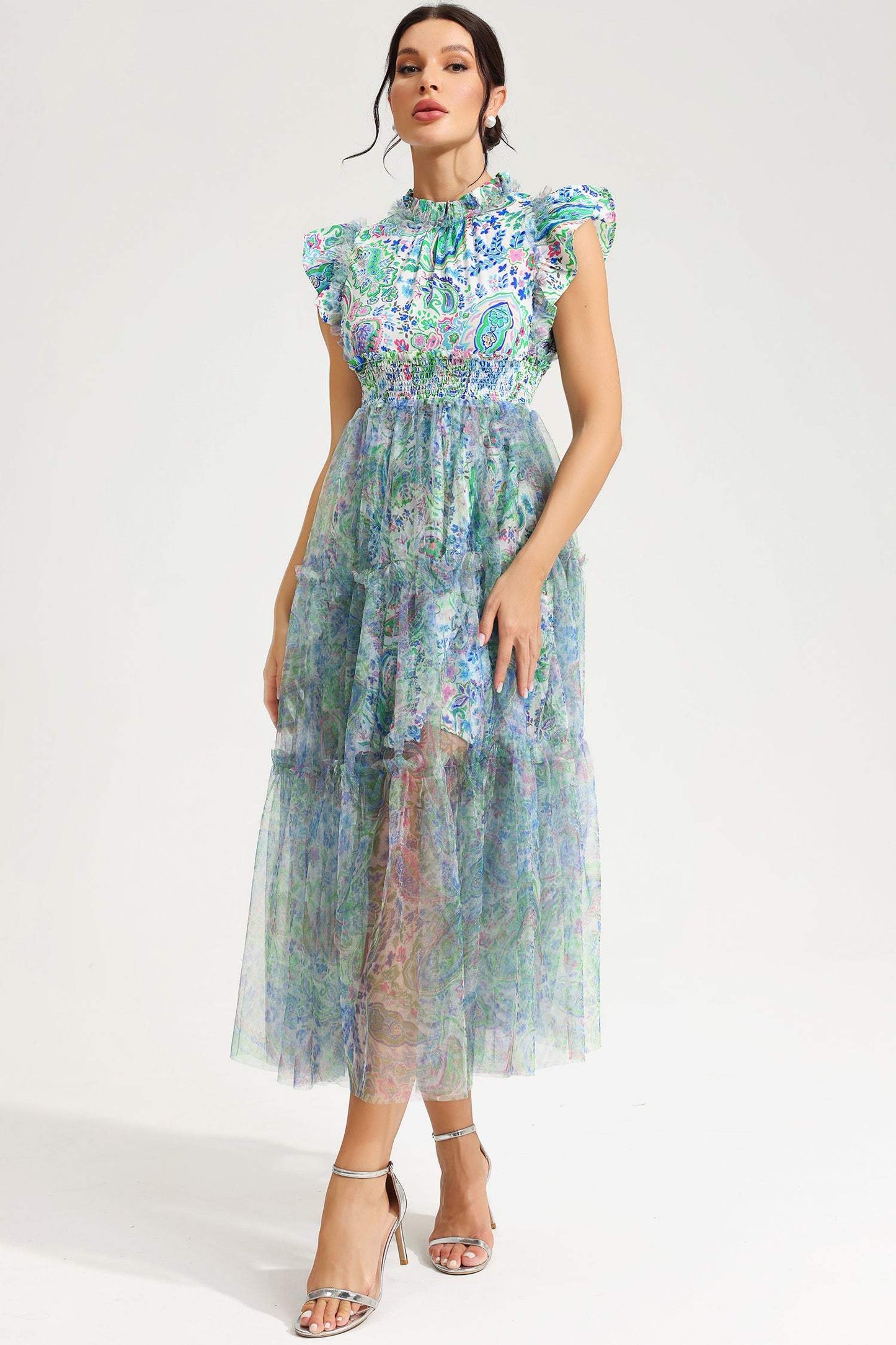 Vestido midi con cuello redondo, mangas onduladas y estampado abstracto 