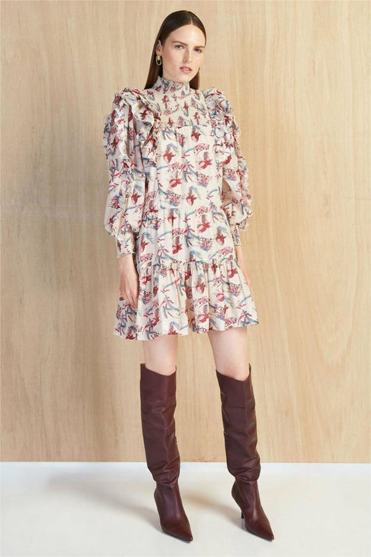 Vestido mini con cuello alto y mangas farol con estampado floral
