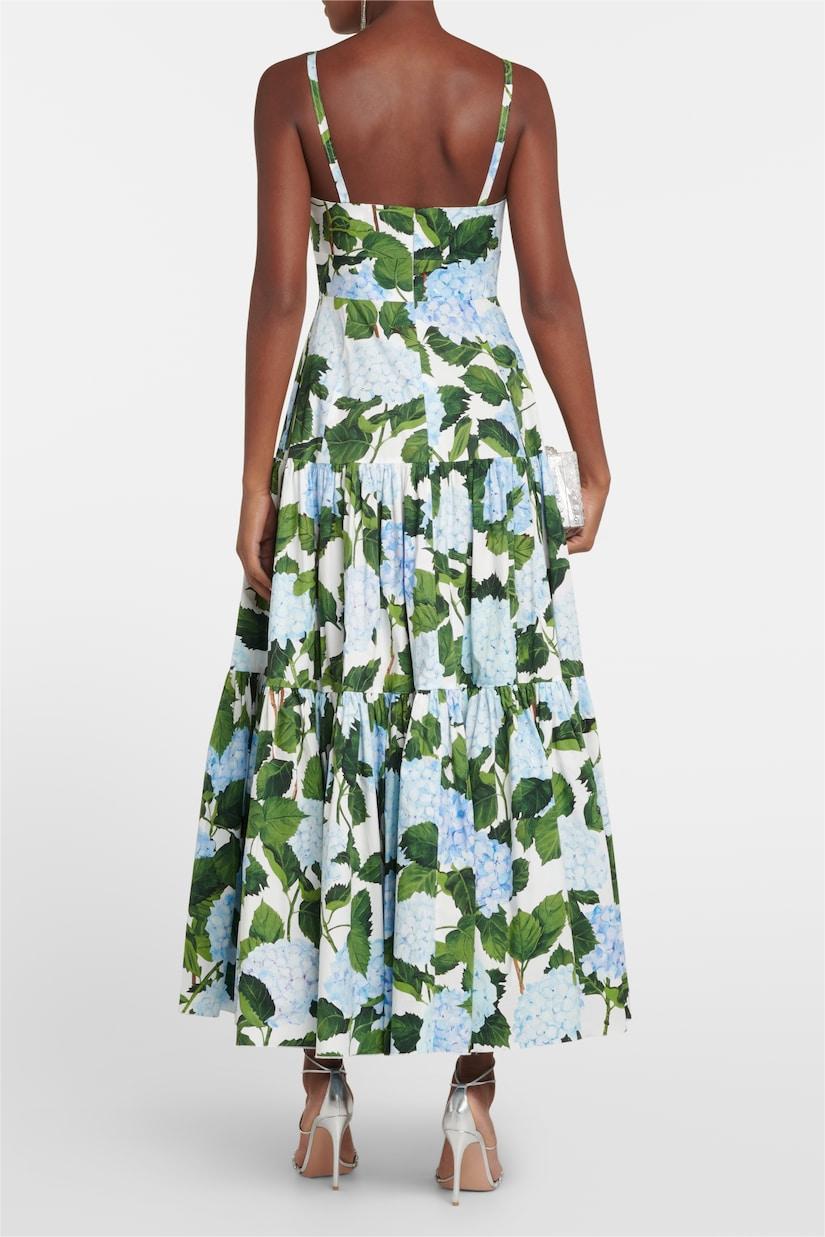 Vestido largo de popelina con hortensias y cuello en V 