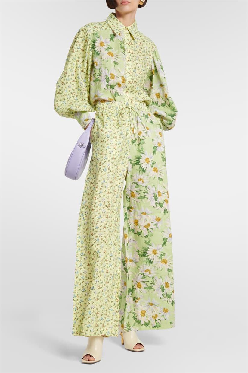 Conjunto de camisa de manga farol con estampado floral y pantalones largos holgados 