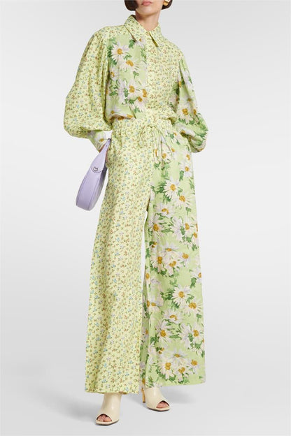 Conjunto de camisa de manga farol con estampado floral y pantalones largos holgados 
