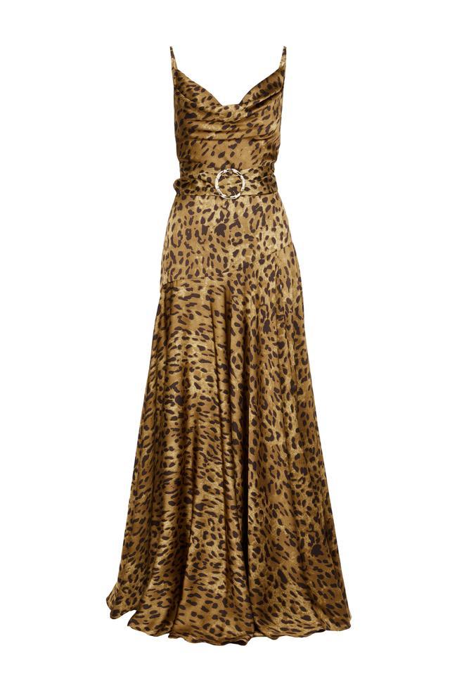 Vestido largo con cuello halter y estampado de leopardo 