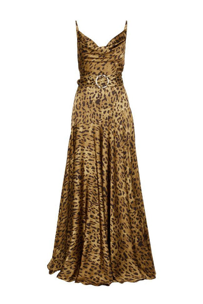 Vestido largo con cuello halter y estampado de leopardo 