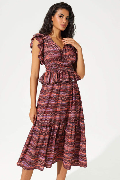 Vestido midi con cuello en V, mangas con volantes en capas 