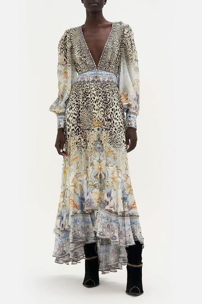 Vestido largo de gasa con estampado floral de leopardo y cuello en V 