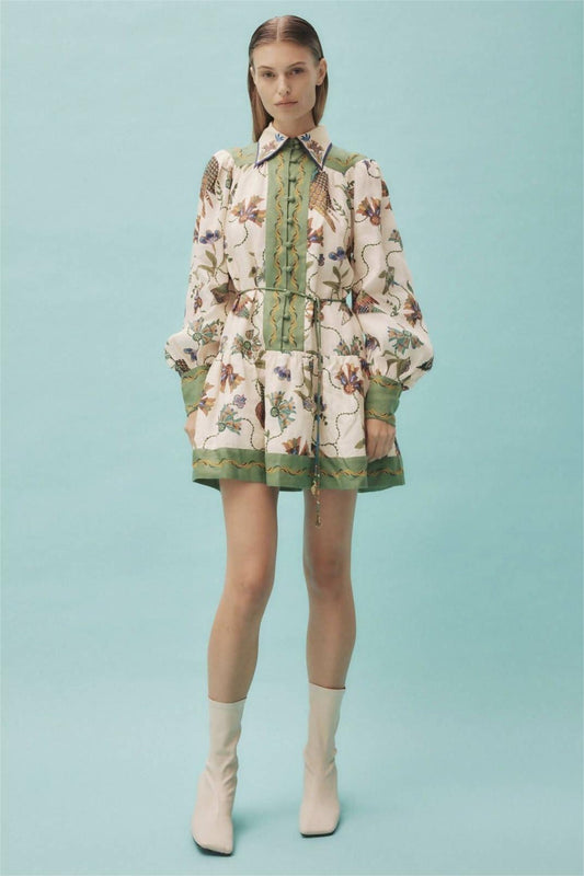 Vestido mini de manga larga con cuello camisero de botonadura sencilla y estampado floral 