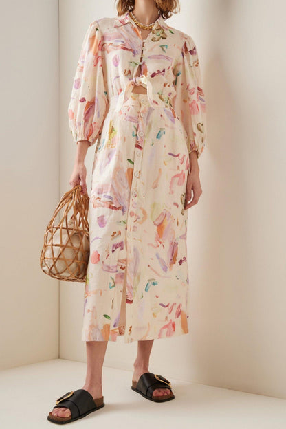 Vestido midi con botones y cuello camisero con estampado abstracto 
