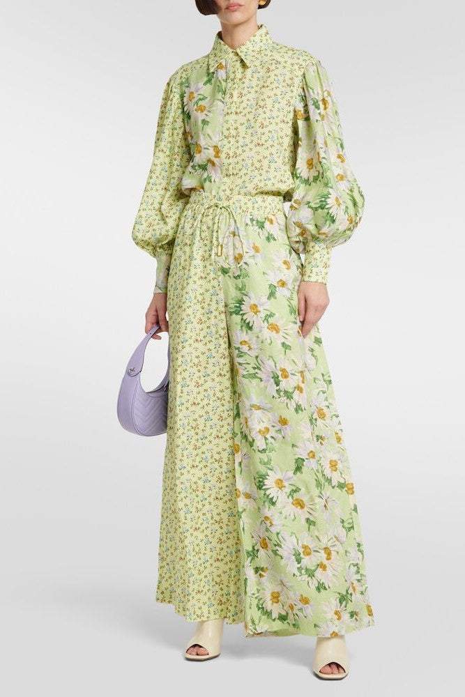 Conjunto de top de manga larga con cuello camisero y pantalón de cintura alta con estampado floral 