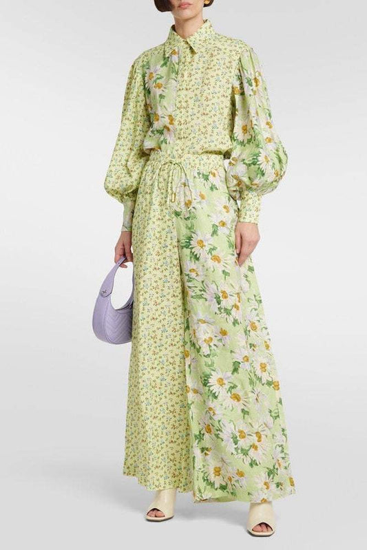 Conjunto de top de manga larga con cuello camisero y pantalón de cintura alta con estampado floral 