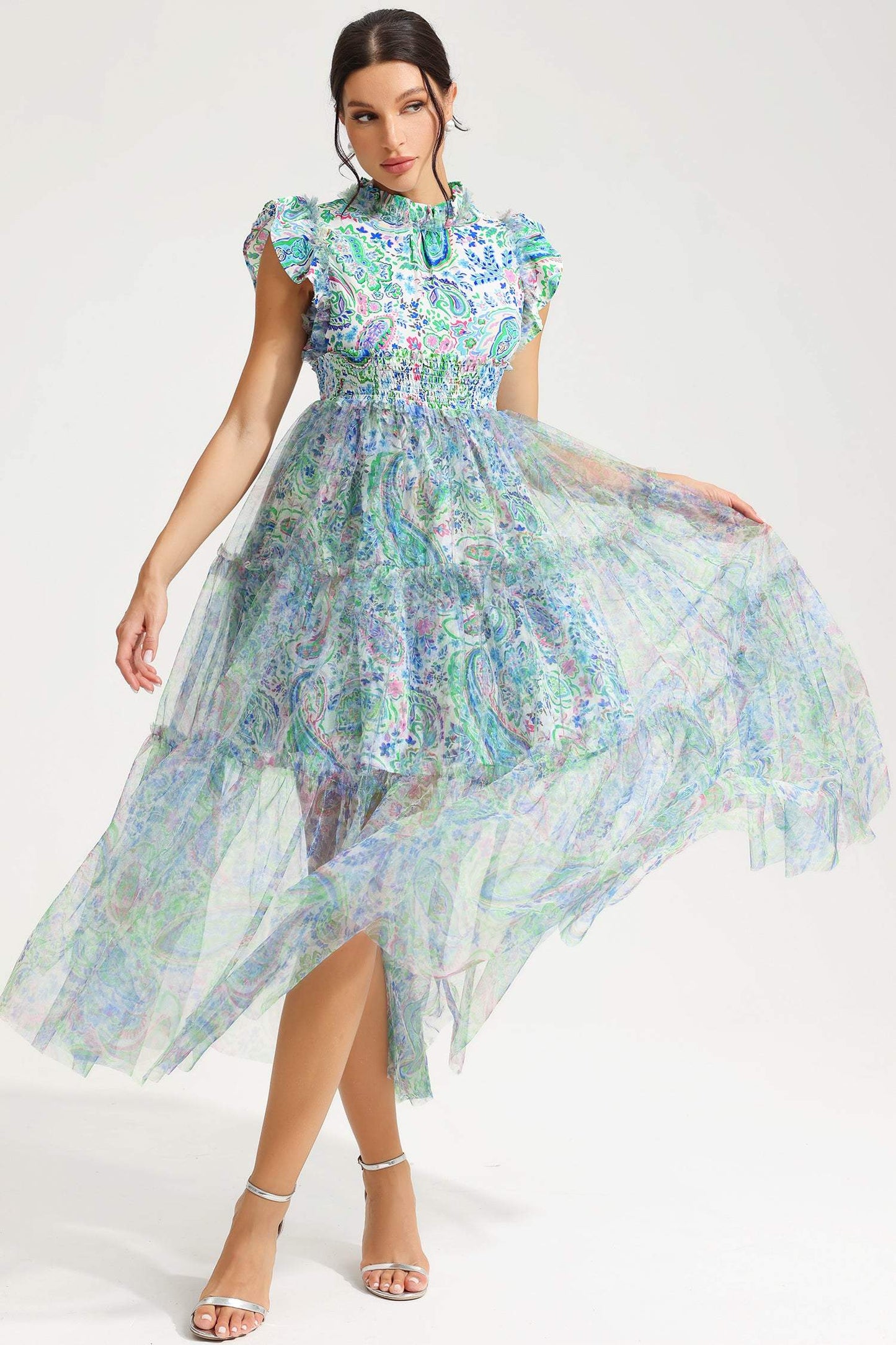 Vestido midi con cuello redondo, mangas onduladas y estampado abstracto 