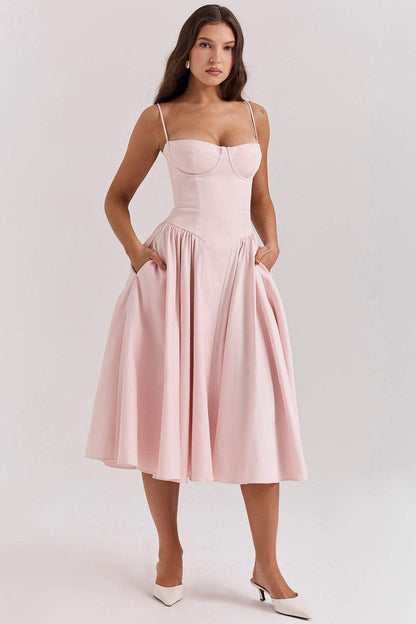 Vestido midi liso con escote en forma de corazón 
