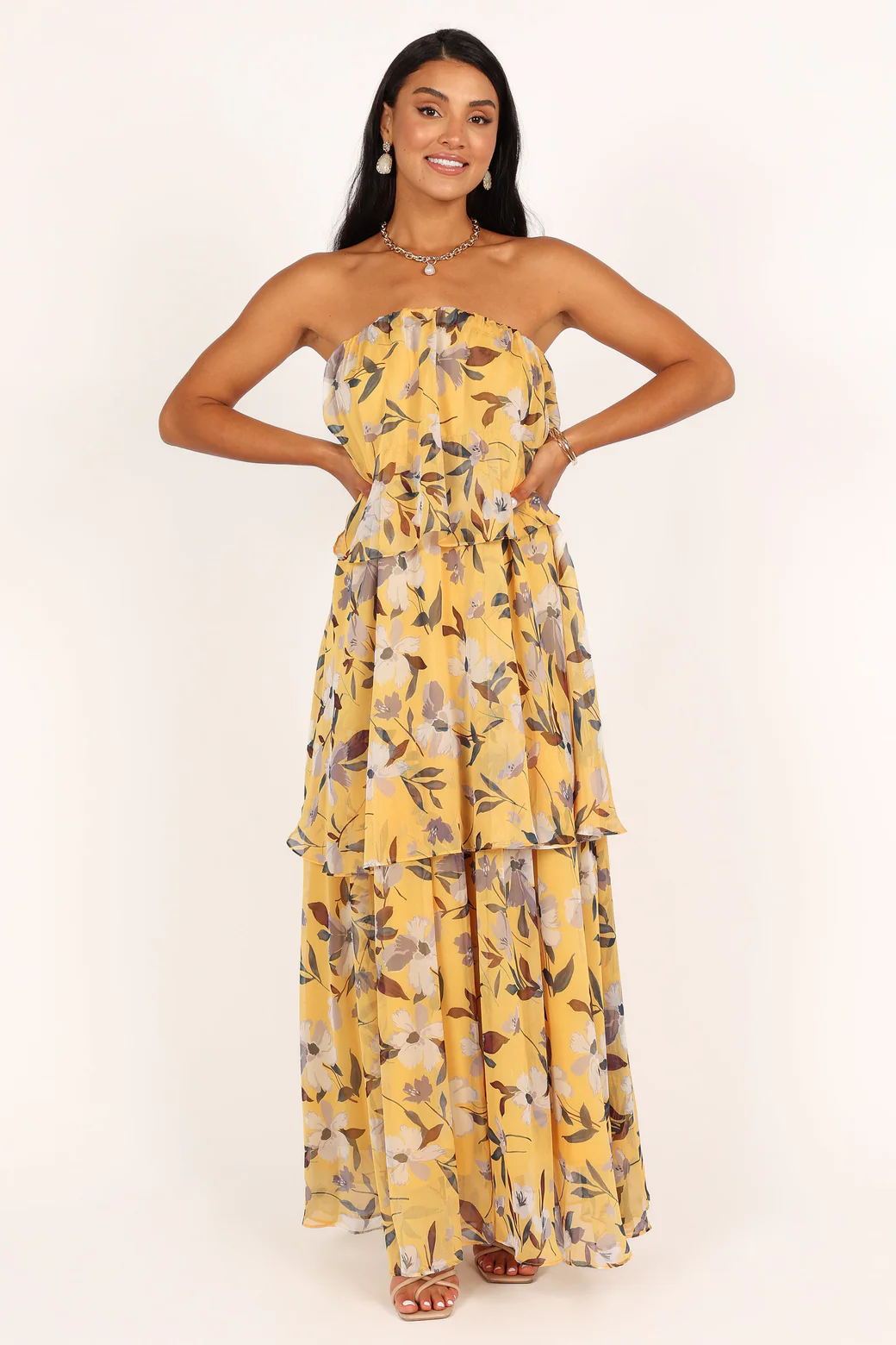 Vestido largo sin tirantes con capas y estampado Elsie 