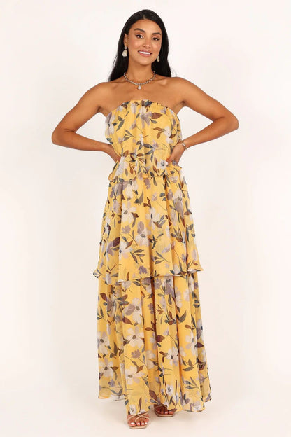 Vestido largo sin tirantes con capas y estampado Elsie 