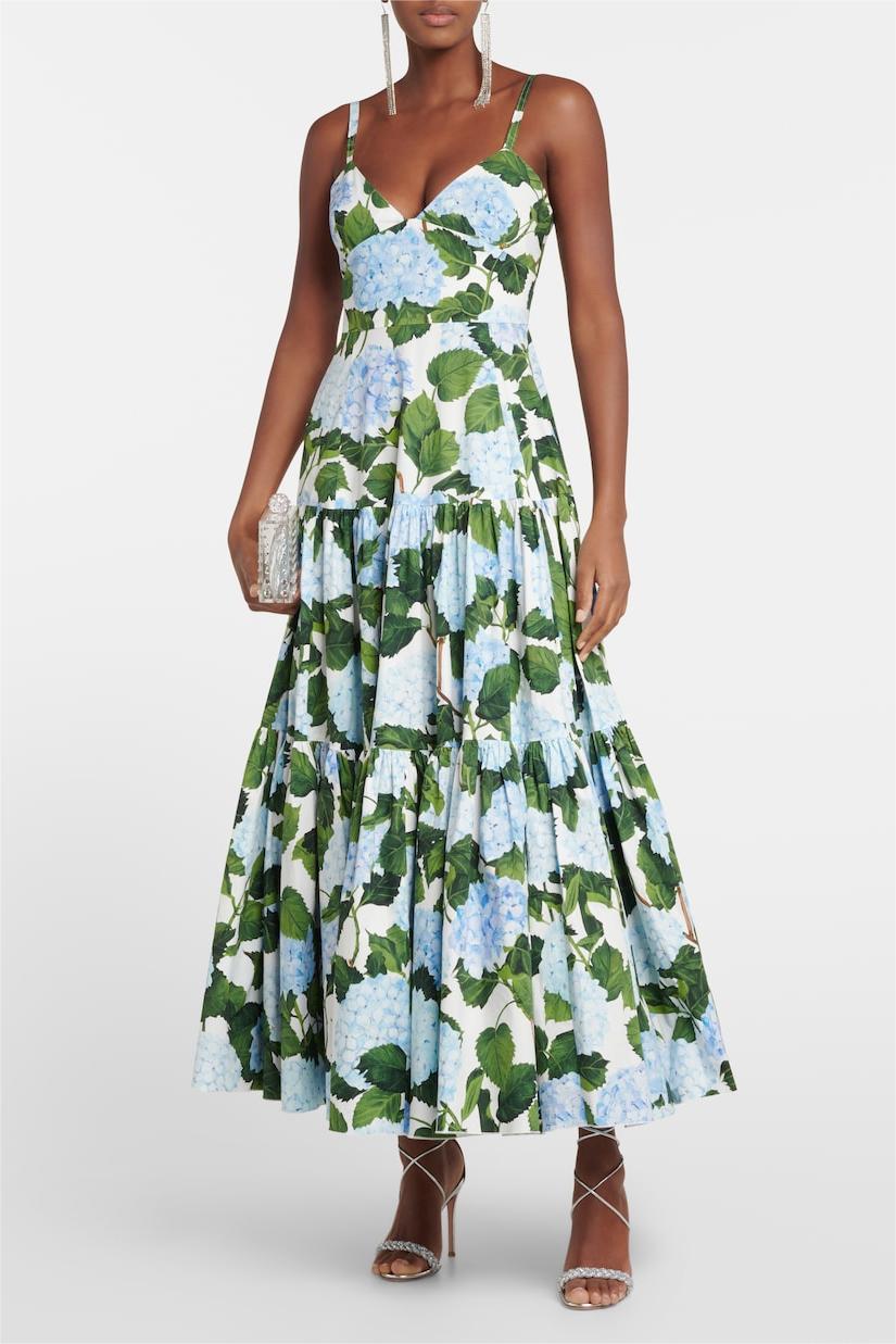 Vestido largo de popelina con hortensias y cuello en V 