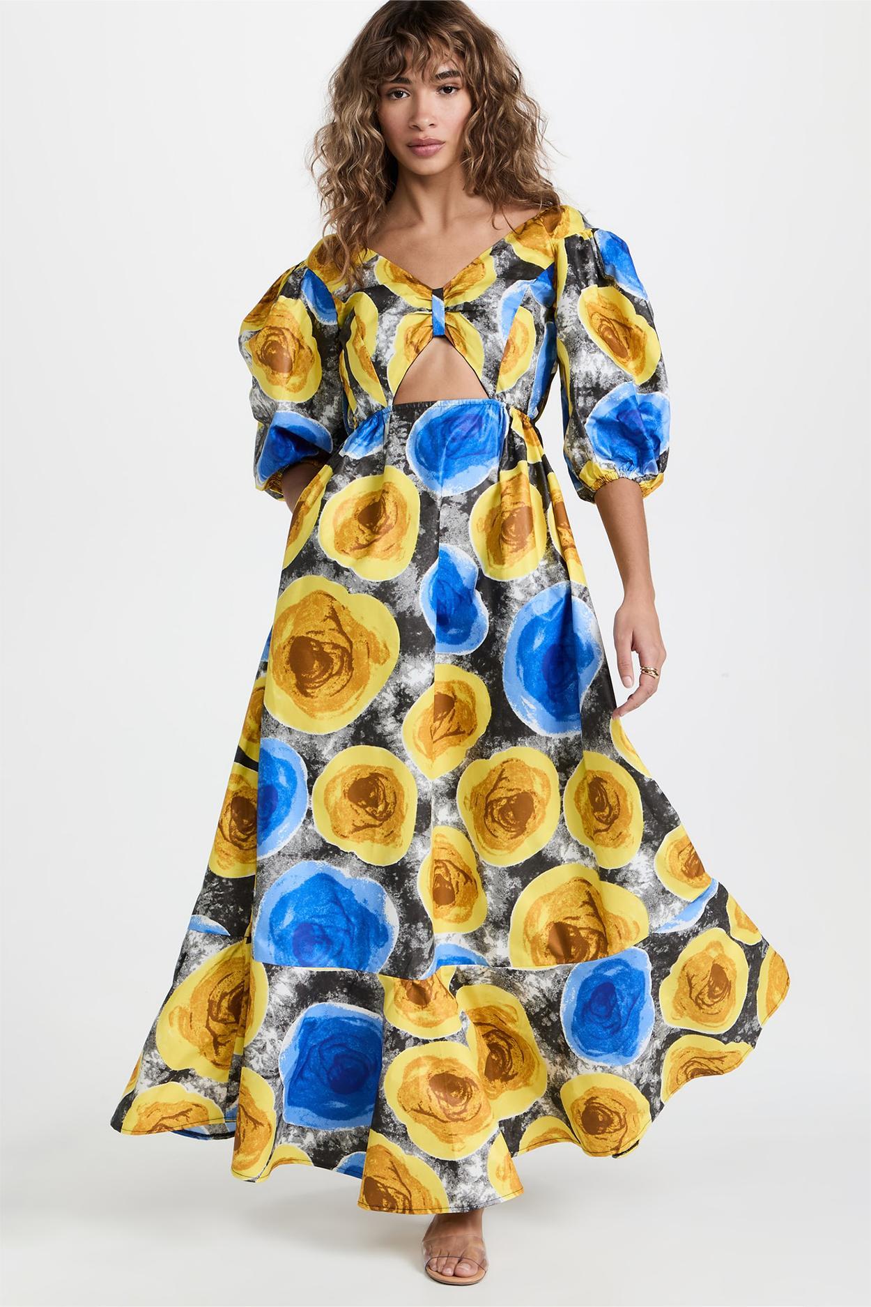 Vestido midi floral con escote en V y mangas abullonadas 