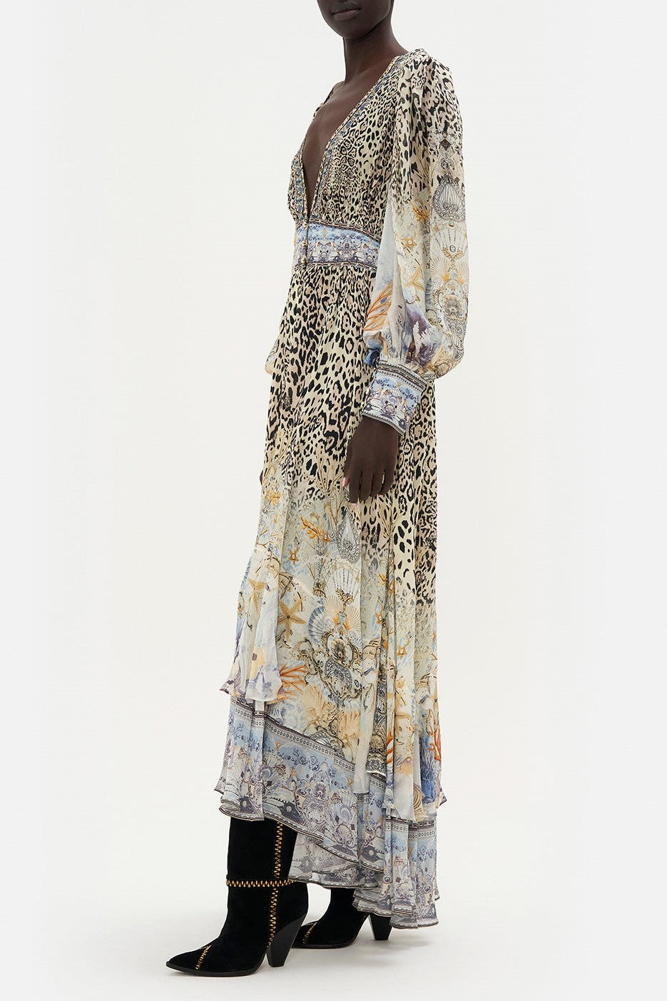 Vestido largo de gasa con estampado floral de leopardo y cuello en V 