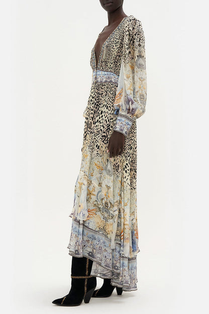 Vestido largo de gasa con estampado floral de leopardo y cuello en V 