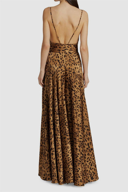 Vestido largo con cuello halter y estampado de leopardo 
