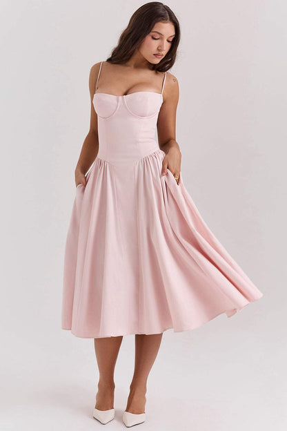 Vestido midi liso con escote en forma de corazón 