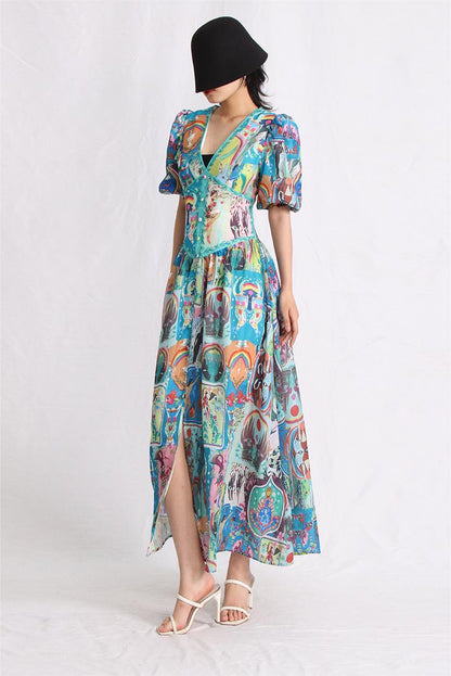 Vestido largo estampado con mangas abullonadas, escote en V y hebilla 