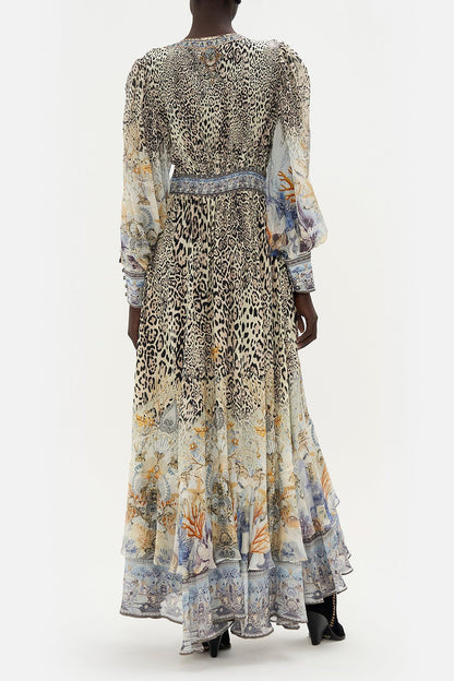 Vestido largo de gasa con estampado floral de leopardo y cuello en V 