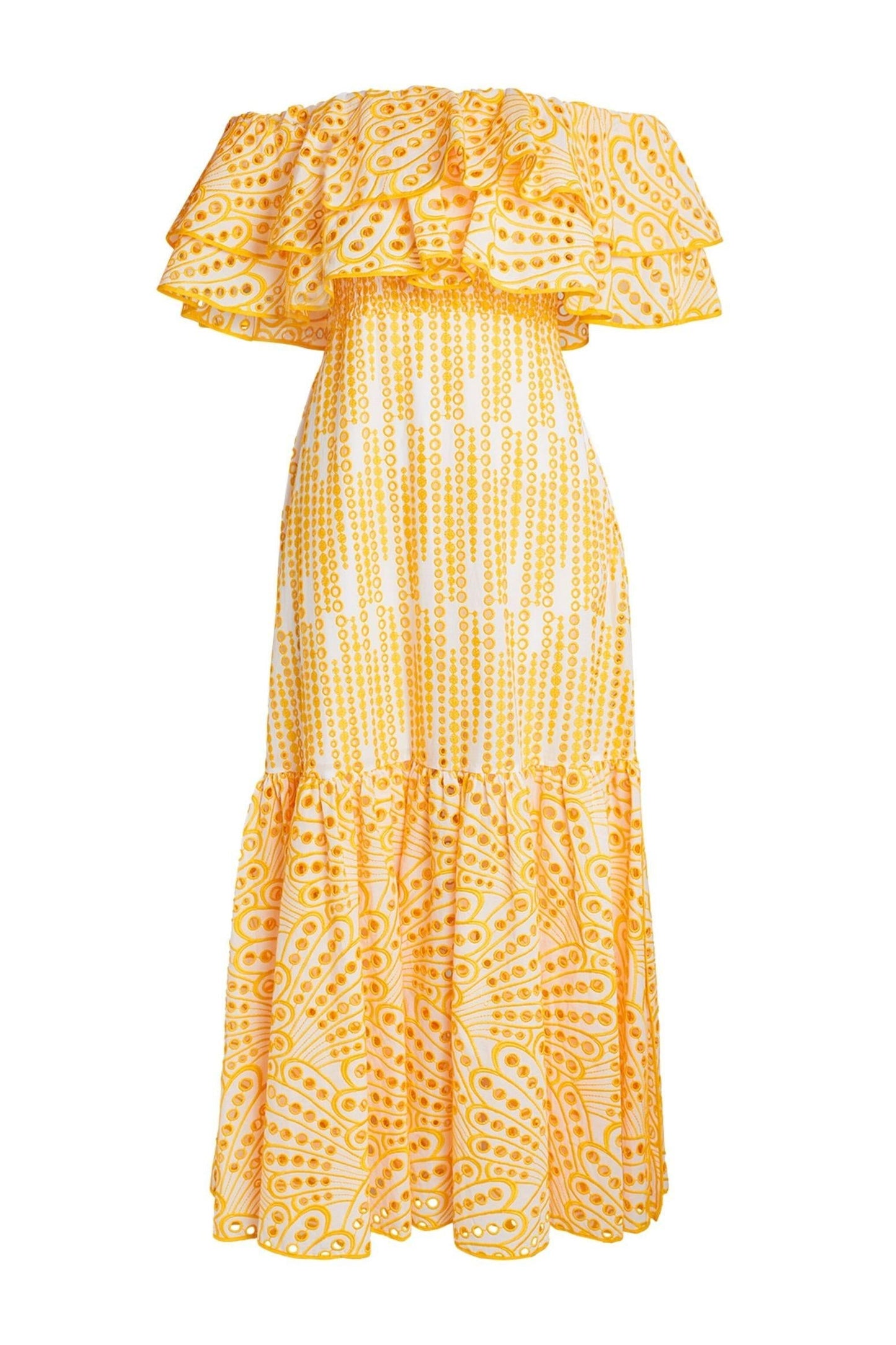 Vestido midi fruncido con hombros descubiertos y bordado 