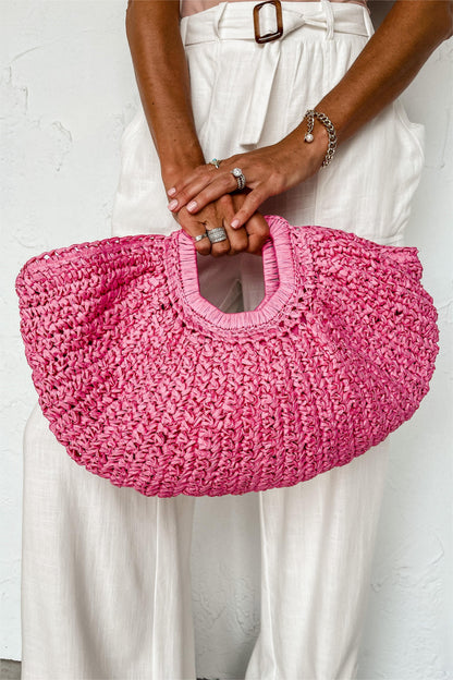Bolso grande de paja hecho a mano con forma de luna 