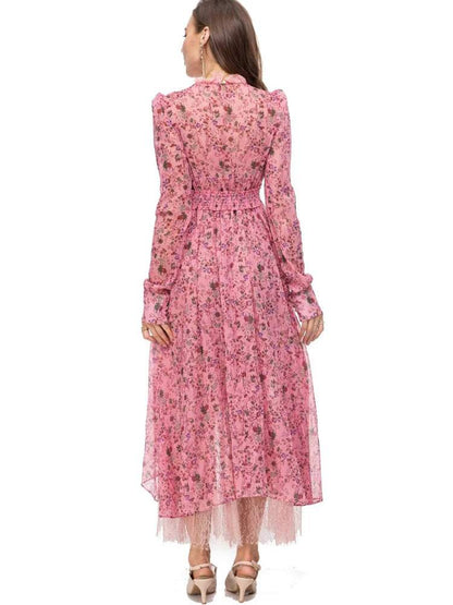 Vestido midi largo floral con cuello redondo y cintura de encaje 