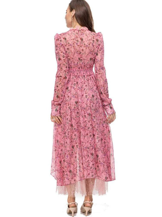 Vestido midi largo floral con cuello redondo y cintura de encaje 