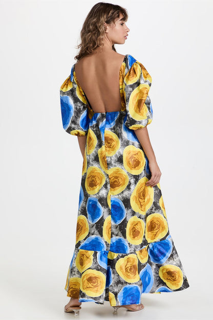 Vestido midi floral con escote en V y mangas abullonadas 