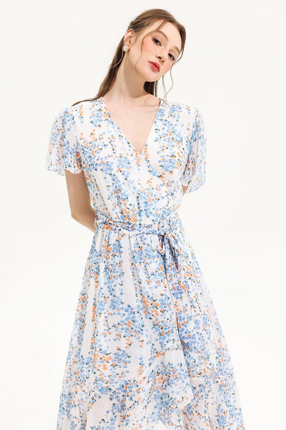 Vestido midi de manga corta con escote en V y estampado floral amarillo 