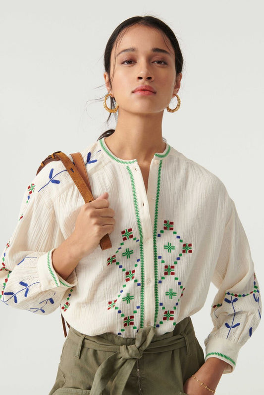 Lantern Sleeve Crew Collar Buttoned Embroidery Shirt