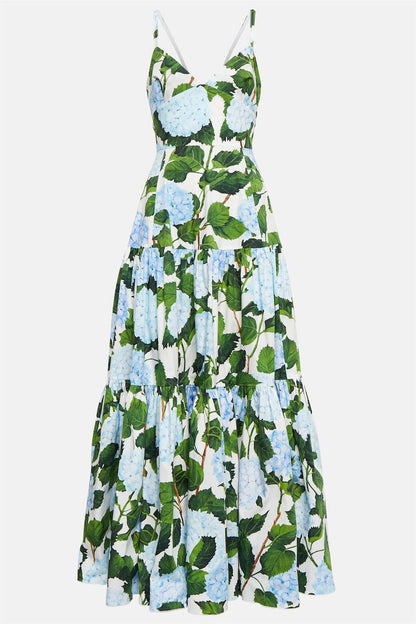 Vestido largo de popelina con hortensias y cuello en V 
